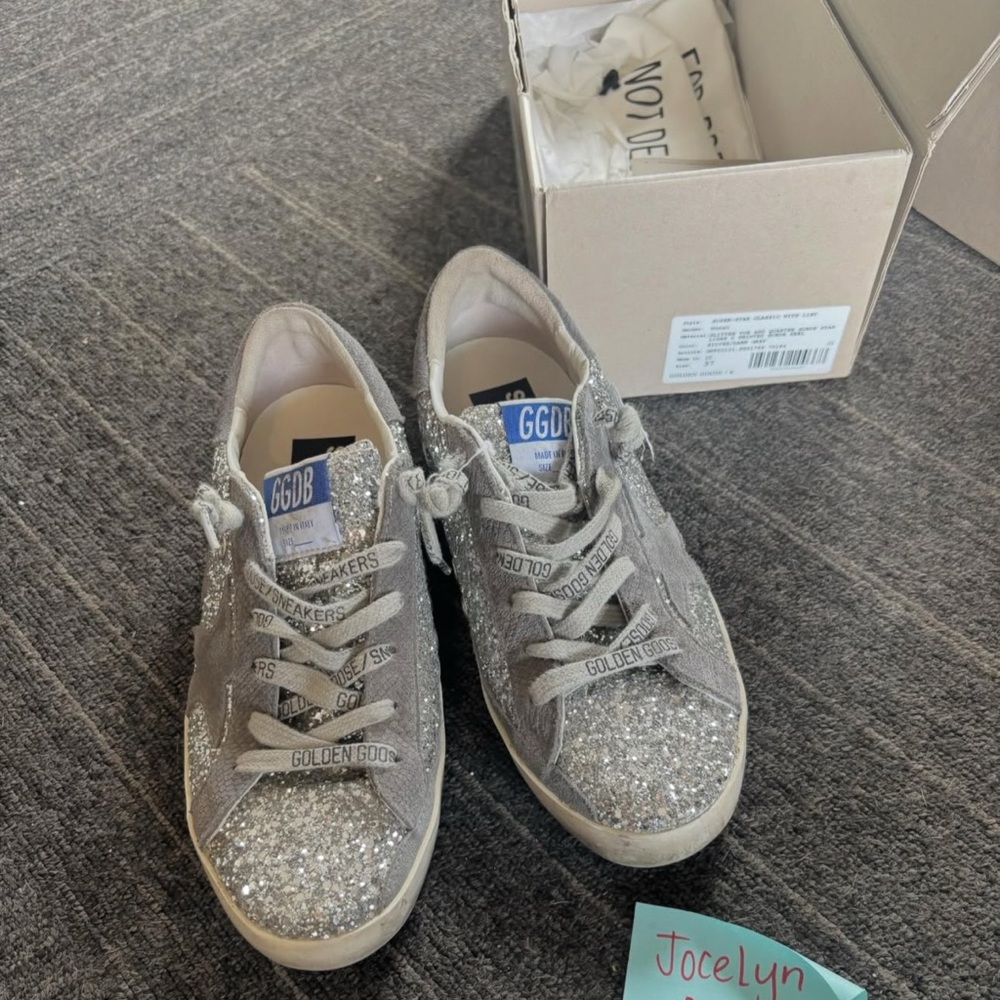 Golden Goose Glittery Grey/Silver Super Star with box and dust bag  EUC 37
